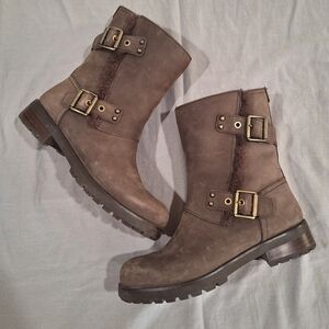 UGG Leather Buckle Moto Boots Womens Size 7 Brown Shearling Lined